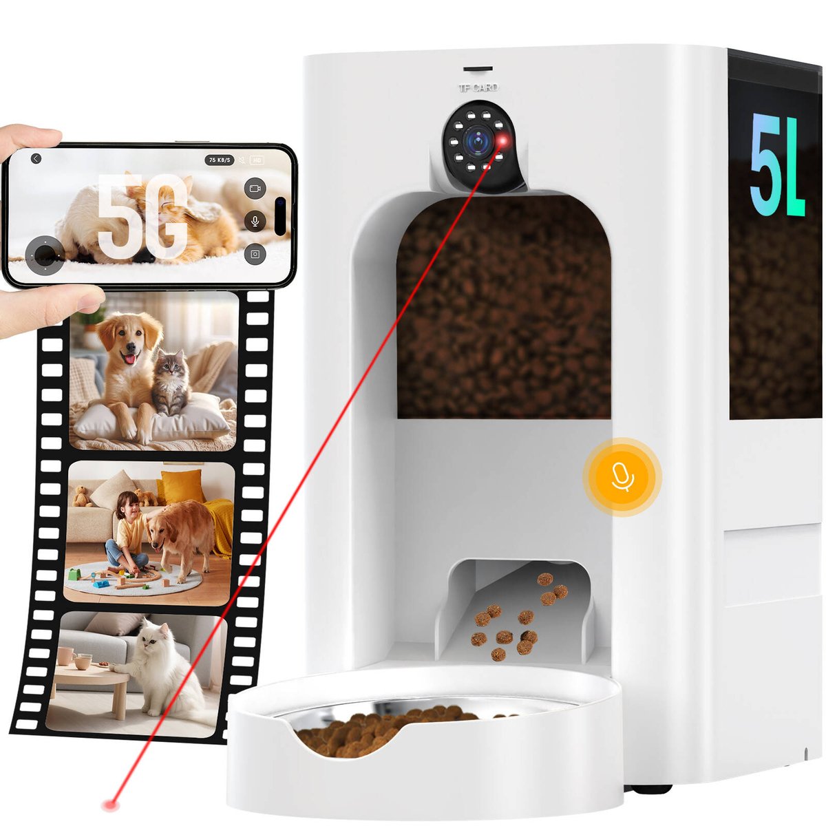 View of Automatic Cat Feeder with Camera 5L Smart Pet Feeder with Laser Teaser ...