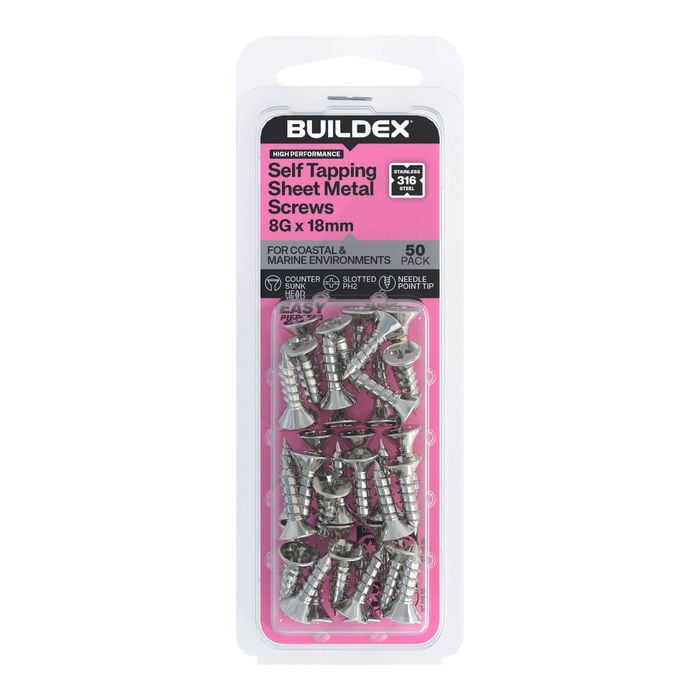 Buildex 8G x 18mm SS316 Self Tapping Sheet Metal Screws - 50 Pack