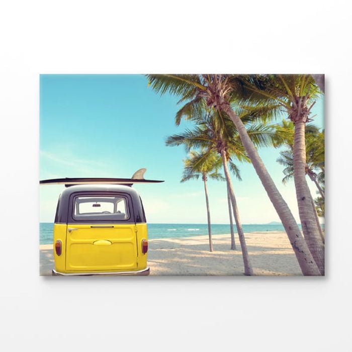 Vintage Car on The Sea & Surf Board Print 100% Australian Made 75x50cm (Stretched Canvas)