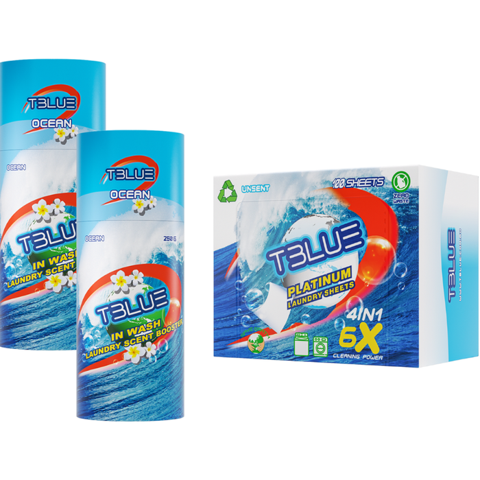 TBLUE Twin Pack In-Wash Scent Booster + Laundry 100 Sheets Bundle – Ocean 250g
