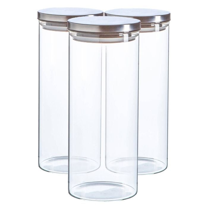 Argon Tableware Glass Storage Jar - Silver Lid - 1.5 Litre - 3x Modern Round Scandi Organisation Container Glass Jar