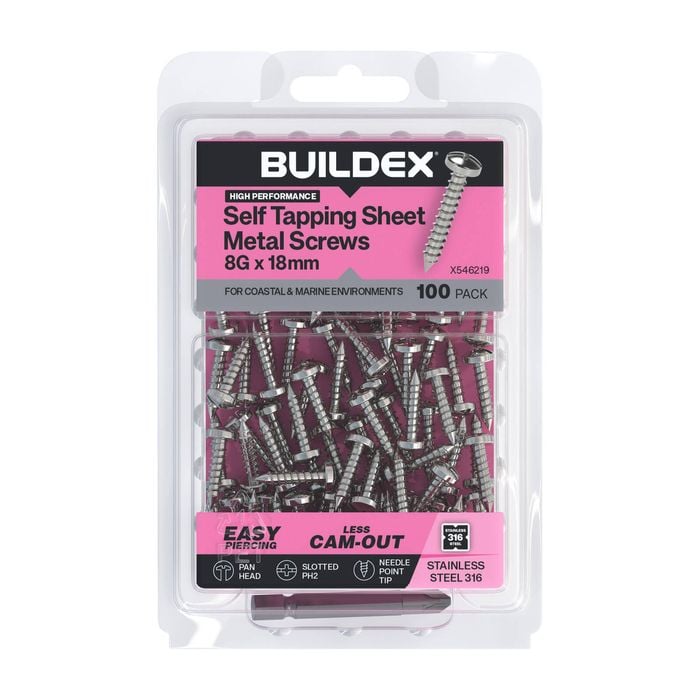 Buildex Self Tapping Sheet Metal Screws 8G x 18mm SS316 - 100 Pack