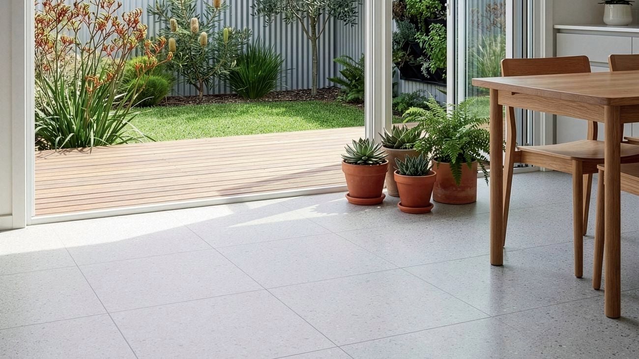 A kitchen with light-coloured tiles, some pot plants leading out to a timber deck and the backyard.