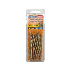 Zenith 10G x 65mm Gold Passivated Square Drive Chipboard Screw - 12 Pack