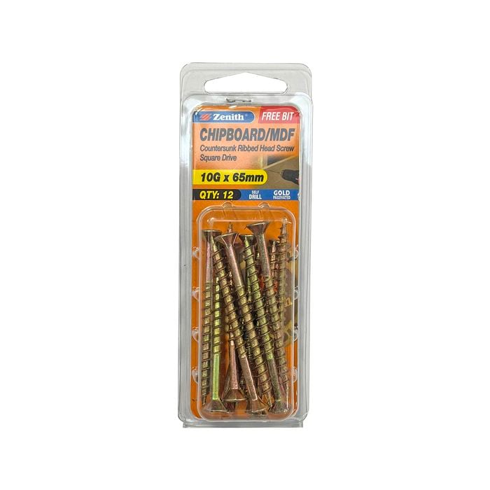 Zenith 10G x 65mm Gold Passivated Square Drive Chipboard Screw - 12 Pack