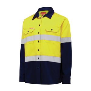 Hard Yakka Yellow/Navy Women's Hi Vis Taped Long Sleeve Shirt - Size 16