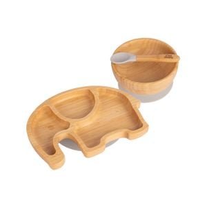 Tiny Dining Children's Bamboo Suction Elephant Plate, Bowl, Spoon with Suction Cups Set - Grey