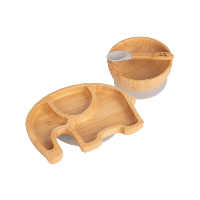 Tiny Dining Children's Bamboo Suction Elephant Plate, Bowl, Spoon with Suction Cups Set - Grey