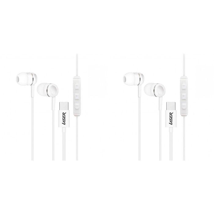 2PK Laser USB-C Silicone Tip Earphones 1.2m w/ Microphone - White