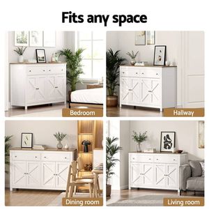 Homfurn Barn Door Buffet Sideboard 140cm White Walnut 2 Drawer 2 Cabinet Storage