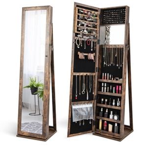 Costway Rotating Jewellery Cabinet Storage Organizer Full-length Mirror Lockable Armoire Brown