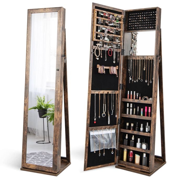 Costway Rotating Jewellery Cabinet Storage Organizer Full-length Mirror Lockable Armoire Brown