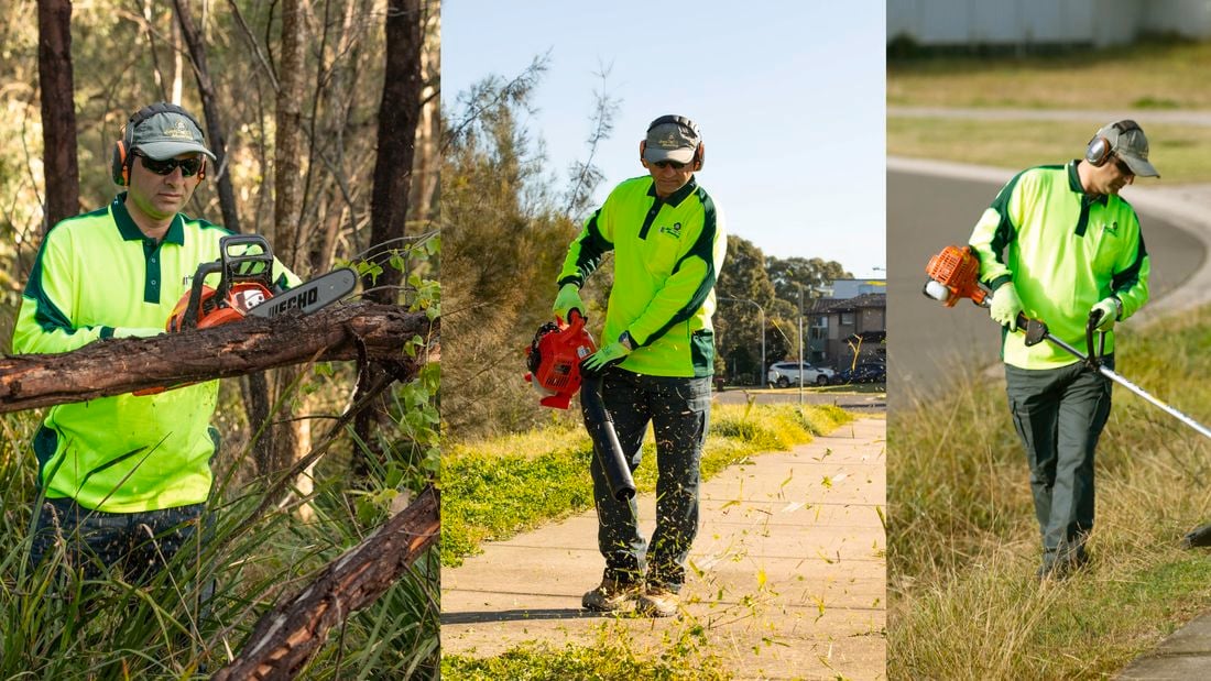 a man in yellow hi-vis in a sequence of three images outdoors using a petrol-powered ECHO chainsaw, blower and line trimmer