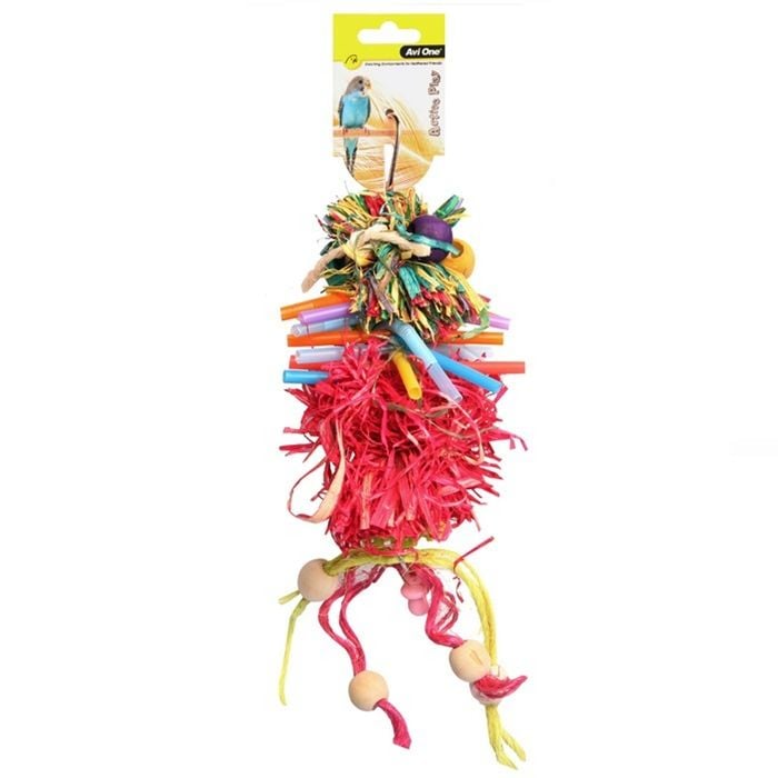 Raffia Pom Pom With Wooden Beads And Sisal Ropes 28cm Bird Toy (Avi One)