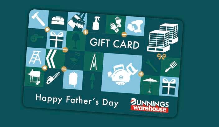 Bunnings Warehouse Father’s Day gift card displayed on a teal background. The gift card features illustrated home improvement, garden and tool icons, with the text “Gift Card” and “Happy Father’s Day.”