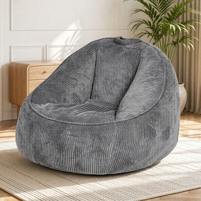 Ufurniture Bean Bag Chair with Backrest 90*92cm Corduroy Sofa with Handle High-Resilience Stuffed Floor Sofa Lounger Grey
