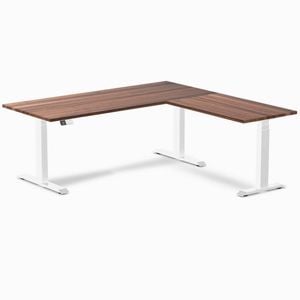 Desky L-Shape Sit to Stand Walnut Hardwood Desk 1800x1750mm White Height Adjustable Leg