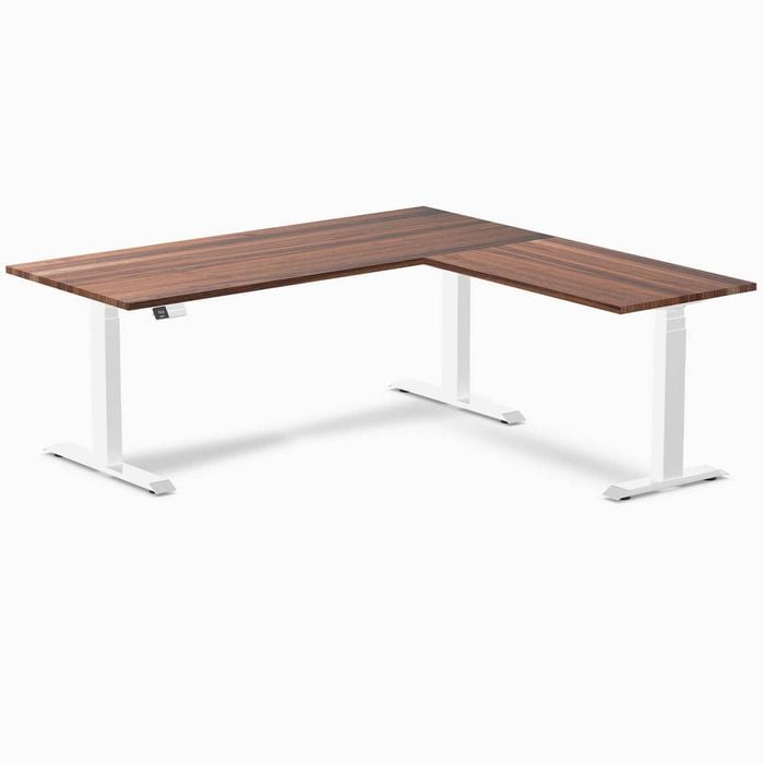 Desky L-Shape Sit to Stand Walnut Hardwood Desk 1800x1750mm White Height Adjustable Leg