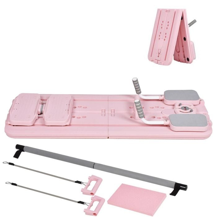 Advwin Foldable Pilates Reformer Board w/Back Storage, Elbow Support,Pilates Bar, Home Ab Trainer Machine Pink