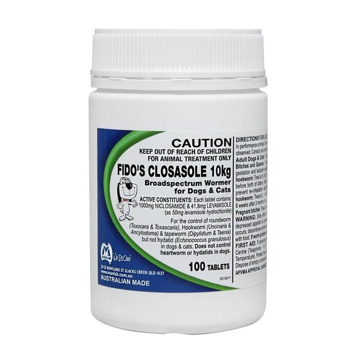 100pc Fidos Closasole Pet Medication Tablets For Dogs & Cats 10kg