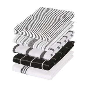 5pc Harbour Housewares Cotton Tea Towel Set Monochrome Striped 70cm x 50cm