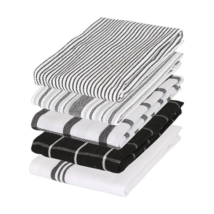 5pc Harbour Housewares Cotton Tea Towel Set Monochrome Striped 70cm x 50cm