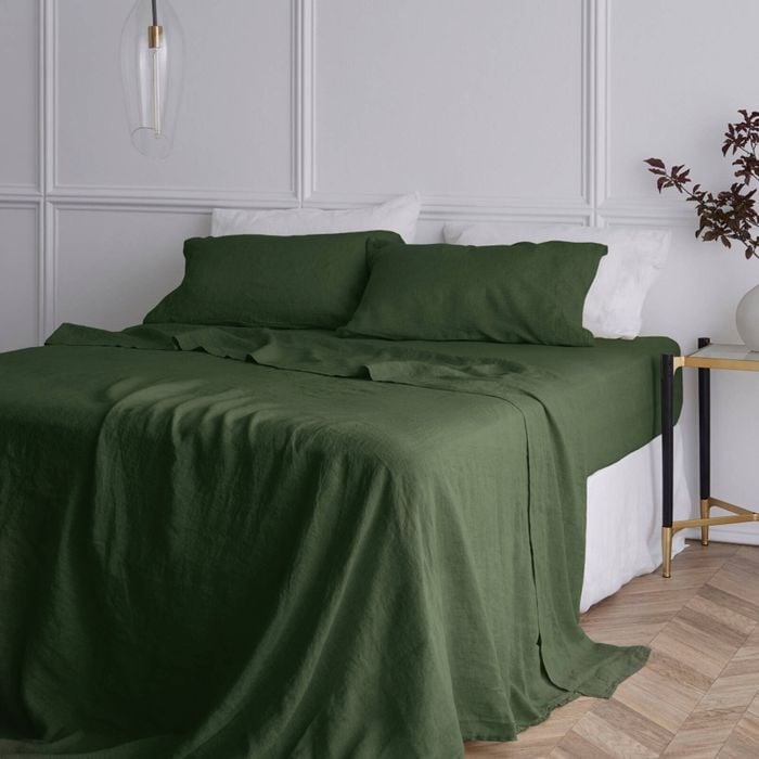 Bedding Co. Sheet Set 100% French Flax Linen Soft Olive Queen
