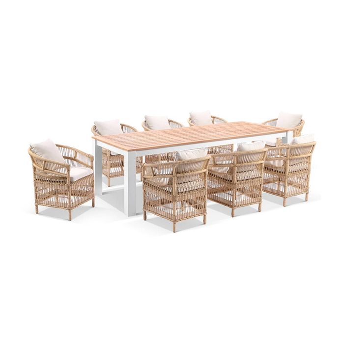 Balmoral 2.5m Outdoor Teak Top Aluminium Table White With 8 Watego Malawi Style Chairs & Wheat Cushions