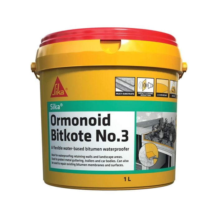 Sika 1L Ormonoid Bitkote No.3 Water-Based Bitumen Waterproof Compound