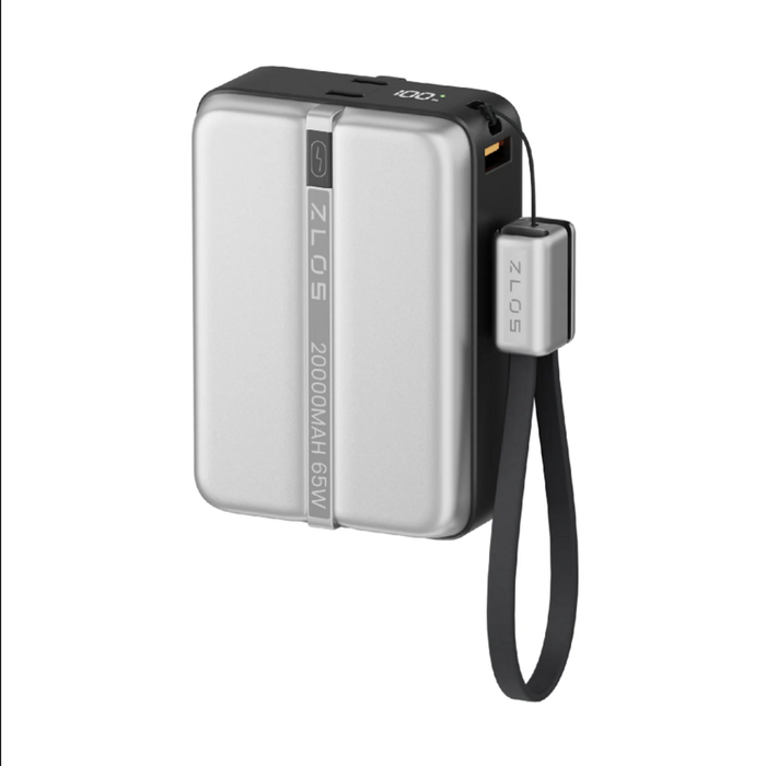 ZLOS 20000mAh 65W Power Bank with Lanyard USB-C Cable for Laptop and Phone