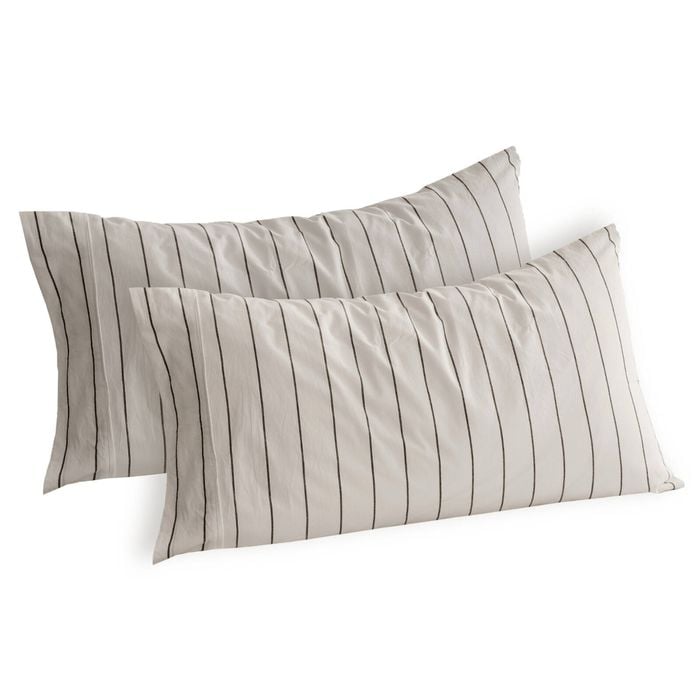 Dreamaker Rumi Washed Cotton King Pillowcase Twin Pack White with Graphite Stripe