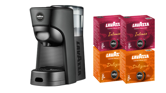 Product shot- AU- 1161070- Lavazza A Modo Mio Tiny Black Coffee Machine & Capsules Bundle