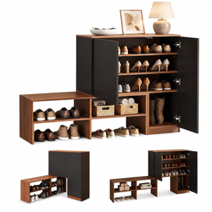 Artiss 2-IN-1 Shoe Cabinet Bench w/ Adjustable Shelf Hallway Walnut & Black