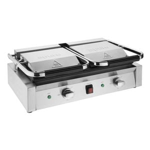 Apuro Bistro Double Contact Grill Ribbed Cast Iron Plates 210x550x395mm Commercial Kitchen Sandwich Press