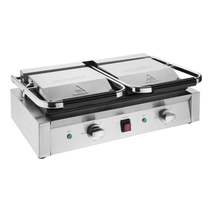 Apuro Bistro Double Contact Grill Ribbed Cast Iron Plates 210x550x395mm Commercial Kitchen Sandwich Press