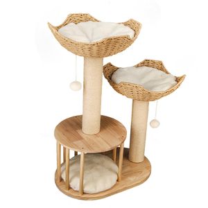 BingoPaw 99cm Kitten Cat Tree Tower Natural Wood Scratching Post Wicker Basket