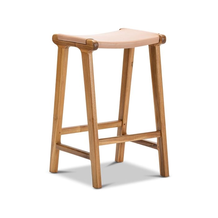 Casey 66cm Nude Tan Flat Leather Natural Teakwood Barstool