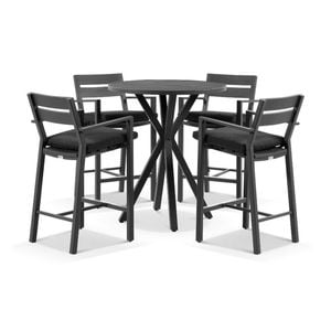 Houston Outdoor 90cm Round Aluminium Bar Table Charcoal With 4 Santorini Stools & Denim Grey Cushions