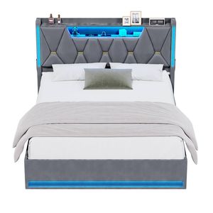 Advwin Double LED Velvet Bed Frame with Charging Station and Hidden Storage Grey