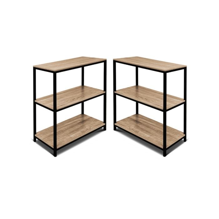 Rome Set of 2 Industrial Style 3-Tier Storage Bookshelf Oak