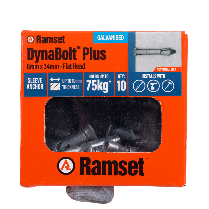 Ramset 6 x 34mm Flat Head Galvanised DynaBolt Plus Bolt - 10 Pack