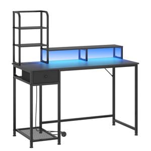 Advwin Reversible Computer Desk LED Gaming Desk Home Office Desk PC Table with Shelf Drawer, Black