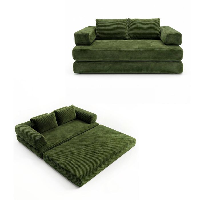 Ufurniture 153cm Convertible 2 Seater Sofa Bed W/ 2 Pillow & Side Pocket No Assembly Corduroy Loveseat Sofa Green
