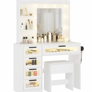 Ufurniture Dressing Table Stool Set 10 LED Bulbs Mirror Vanity Desk with Storage Drawers & Shelves Make up Table White
