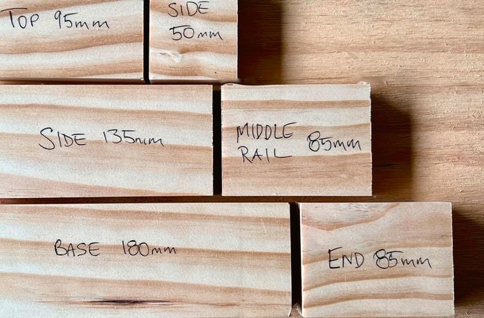Six pieces of DAR pine cut to size to make a mould.