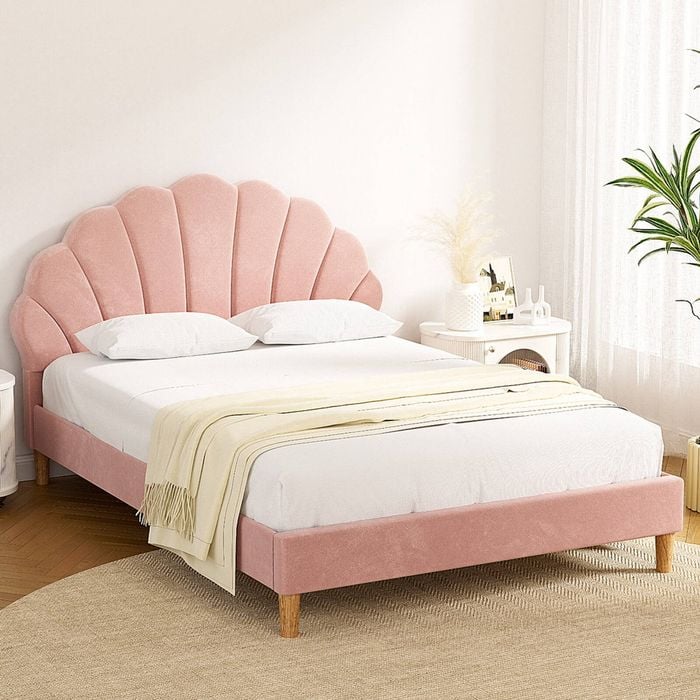 Artiss Bed Frame Double Scallop-Shape Bedhead Beds Base Pink Velvet Fabric