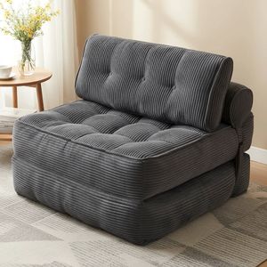 Advwin 3-in-1 Folding Sofa Bed Corduroy Convertible Sleeper Couch w/ Pillow Foldable Mattress Single Lazy Couch Dark Grey