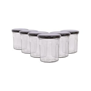 Argon Tableware 150ml Glass Jam Jars With Airtight Black Lids - Set Of 6 Empty Screw Top Kitchen Storage Preserving Jar