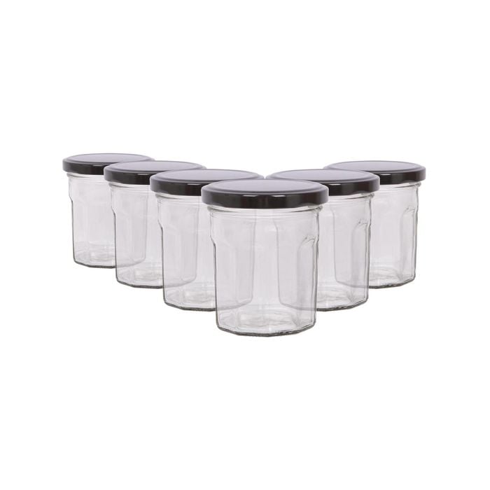 Argon Tableware 150ml Glass Jam Jars With Airtight Black Lids - Set Of 6 Empty Screw Top Kitchen Storage Preserving Jar