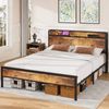 Advwin Metal Bed Frame Queen Size Storage Headboard with Charging Station and USB Ports